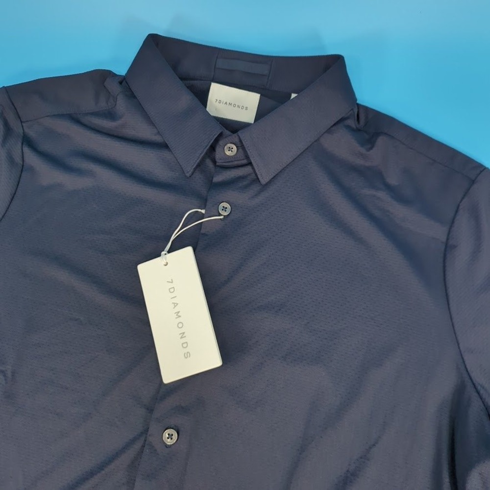 NWT 7 Diamonds Men's Medium Short Sleeve Button Down Shirt SMK-8008 Navy Blue